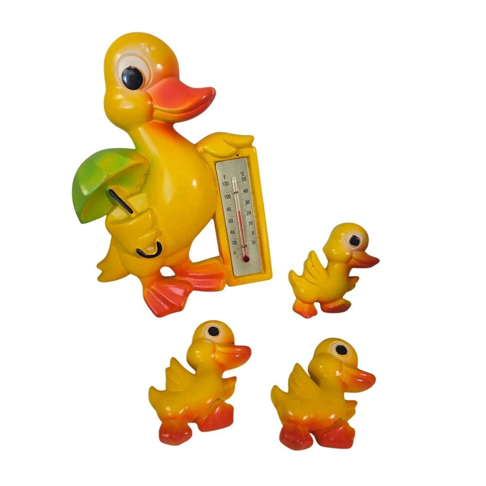 Lot 4 Vtg Chalkware Duck Family Wall Hanging Thermostat Yellow Umbrella